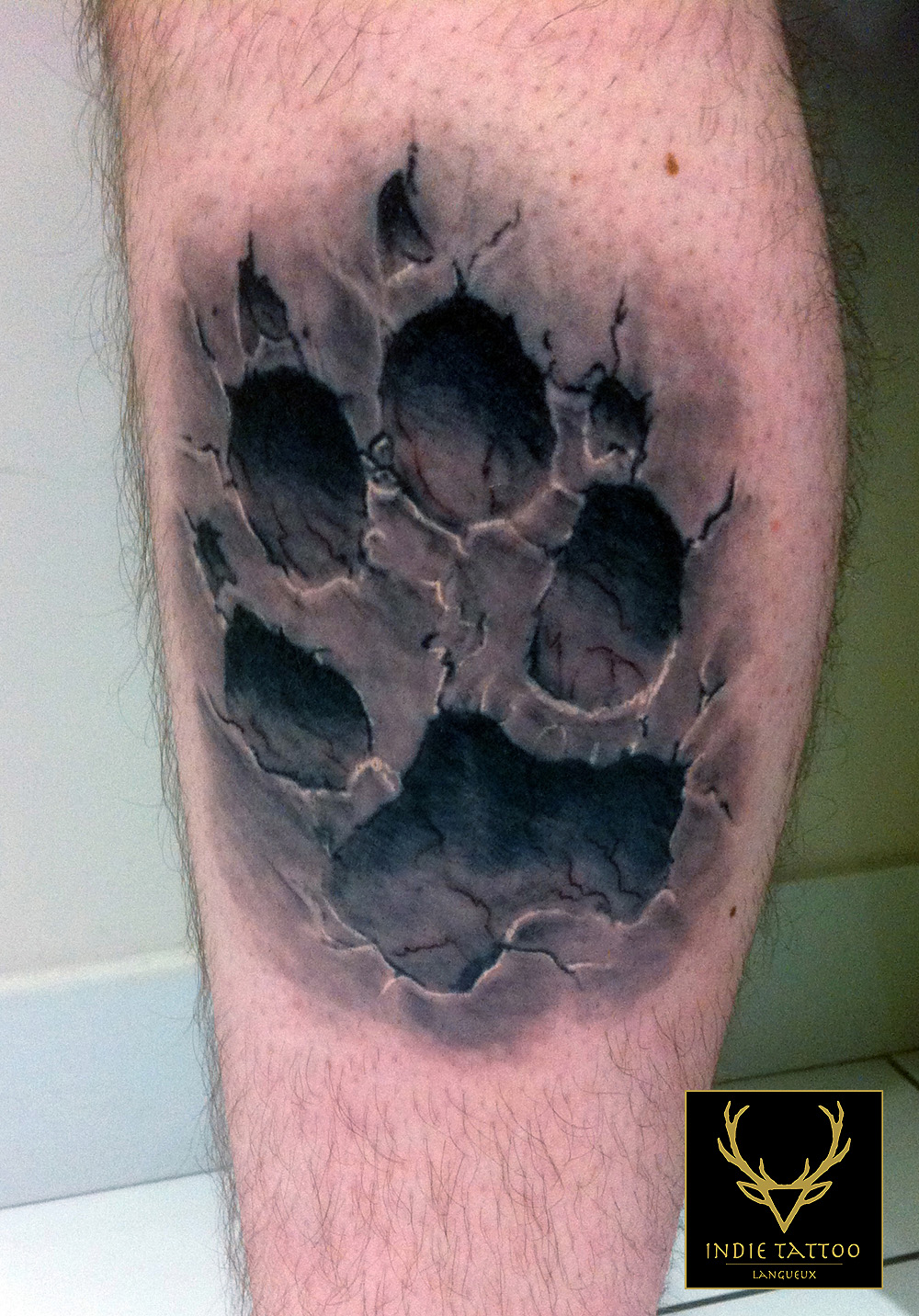 patte de loup en relief sur le molet – indie tattoo